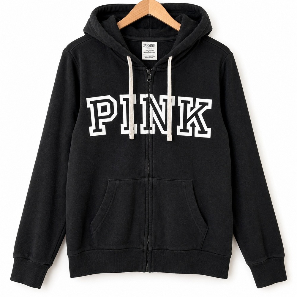 PINK Victorias Secret Full Zip Hoodie Black White Logo Fleece Sweatshirt Large